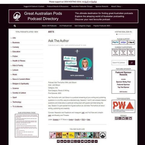 Ask The Author With Jodi Gibson   
Screenshot of the podcast listing on the Great Australian Pods website
