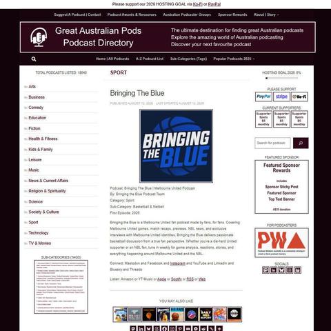Bringing The Blue | Melbourne United Podcast   
Screenshot of the podcast listing on the Great Australian Pods website
