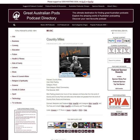 Country Miles
Screenshot of the podcast listing on the Great Australian Pods website