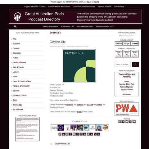 Clayton Utz    
Screenshot of the podcast listing on the Great Australian Pods website