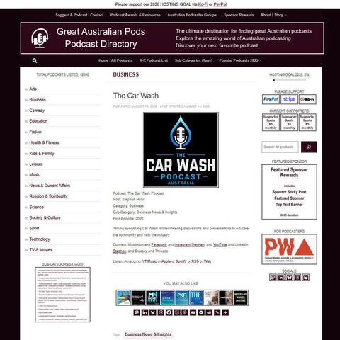 The Car Wash Podcast   
Screenshot of the podcast listing on the Great Australian Pods website
