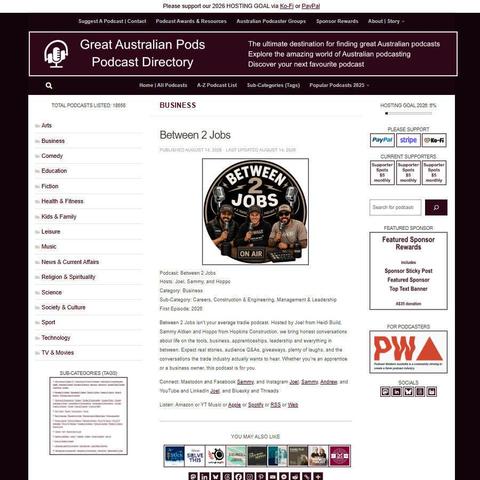 Between 2 Jobs   
Screenshot of the podcast listing on the Great Australian Pods website
