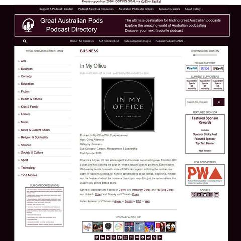 In My Office With Corey Adamson   
Screenshot of the podcast listing on the Great Australian Pods website