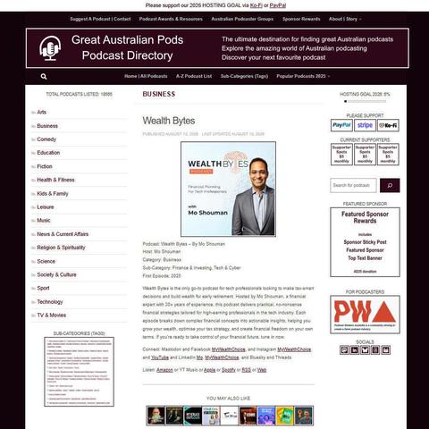 Wealth Bytes - By Mo Shouman   
Screenshot of the podcast listing on the Great Australian Pods website
