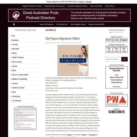 Six-Figure Signature Offers: Audience Growth, Live Launching Tips And Marketing Strategies For Female Entrepreneurs   
Screenshot of the podcast listing on the Great Australian Pods website