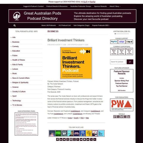 Brilliant Investment Thinkers. Podcast.   
Screenshot of the podcast listing on the Great Australian Pods website