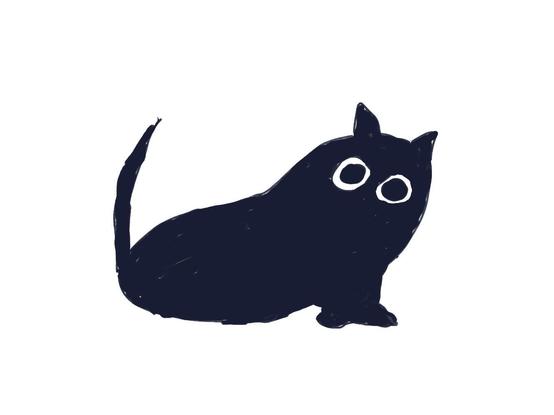 A stylised picture of a black cat facing the camera with wide eyes.