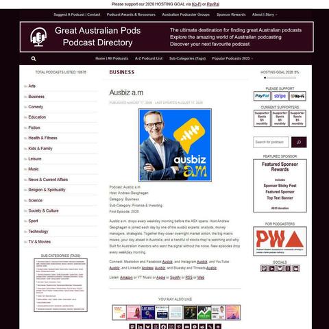 Ausbiz a.m.    
Screenshot of the podcast listing on the Great Australian Pods website
