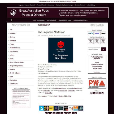The Engineers Next Door
Screenshot of the podcast listing on the Great Australian Pods website