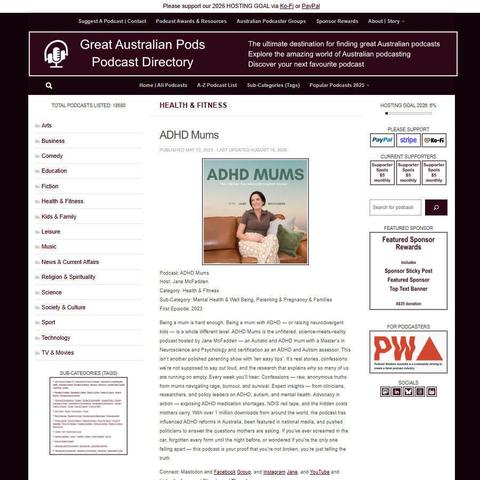 ADHD Mums   
Screenshot of the podcast listing on the Great Australian Pods website