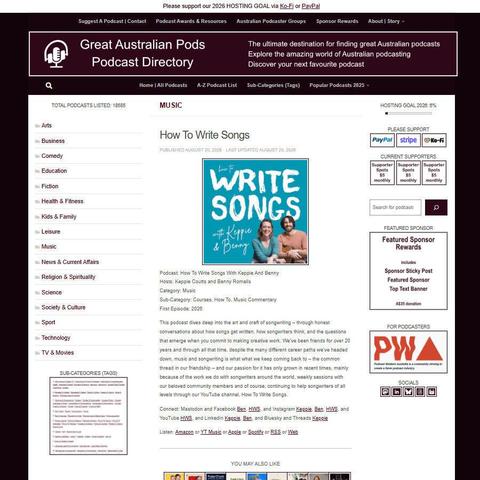 How To Write Songs With Keppie And Benny
Screenshot of the podcast listing on the Great Australian Pods website