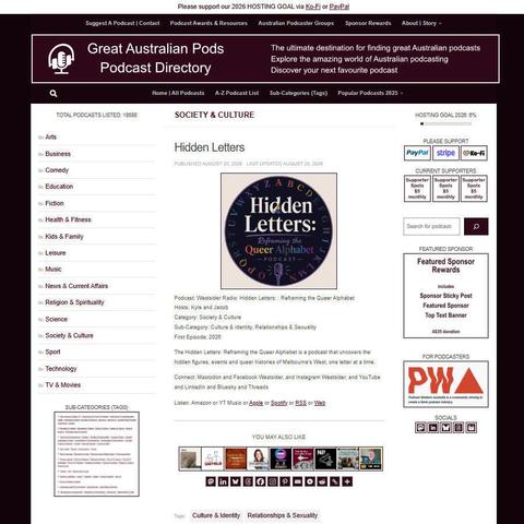 Westsider Radio: Hidden Letters   
Screenshot of the podcast listing on the Great Australian Pods website