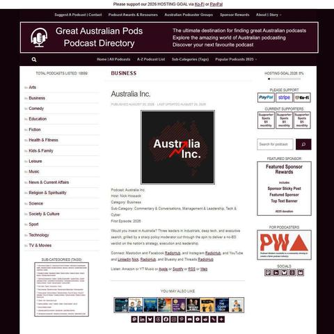 Australia Inc.   
Screenshot of the podcast listing on the Great Australian Pods website