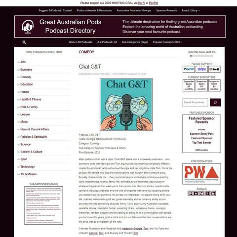 Chat G&T
Screenshot of the podcast listing on the Great Australian Pods website