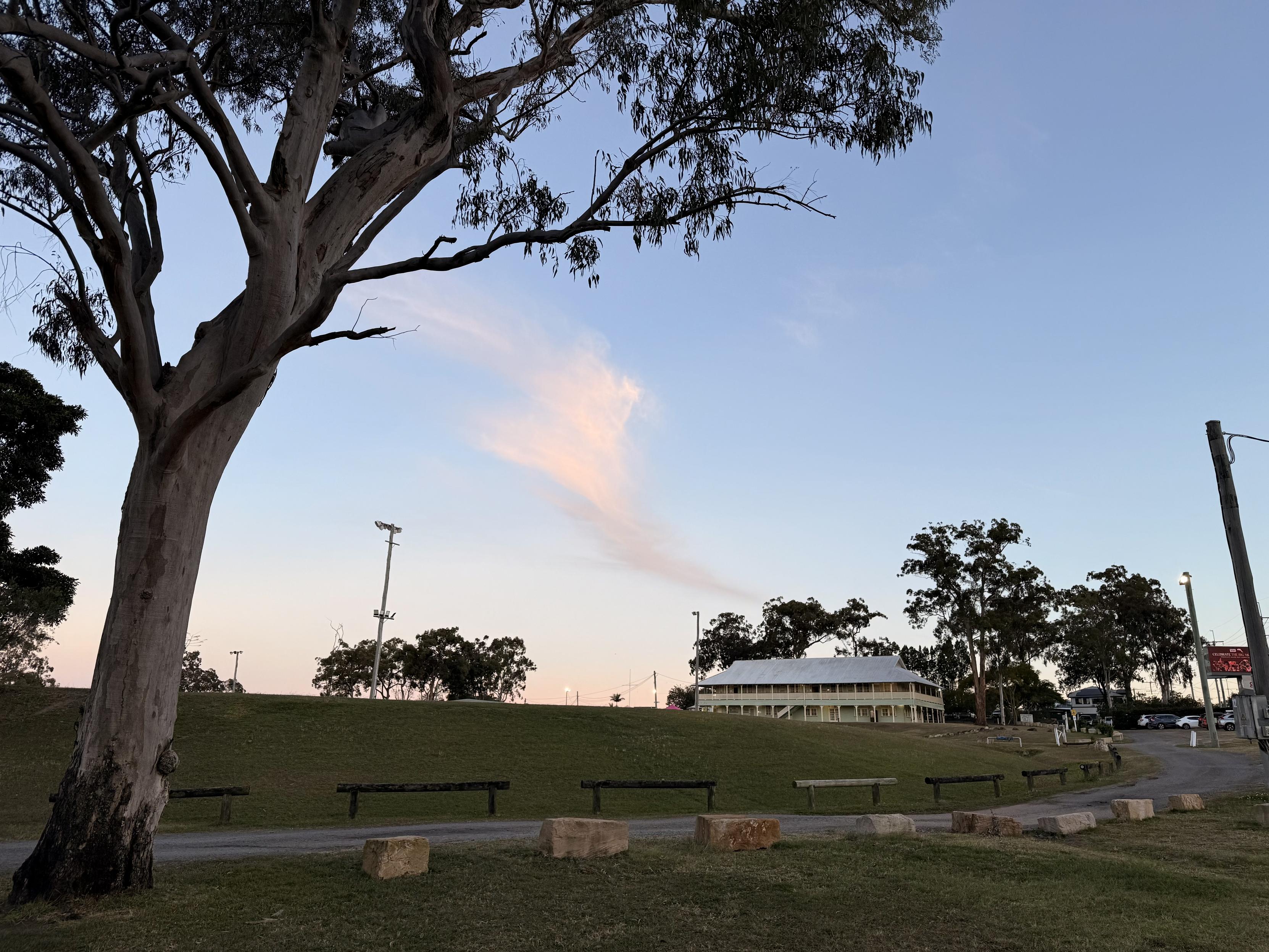 A large gum tree to the left frames a sunset sky with a single wispy cloud, which leads our eyes to a substantial wooden two storey building in the Queenslander style. There’s a gravel road lined by large stones on this side and wooden railings on the other just on the far side of the tree from us; the building is further in the distance across a small grassy hill. 
(It’s actually the same tree and road as in the first photo.)