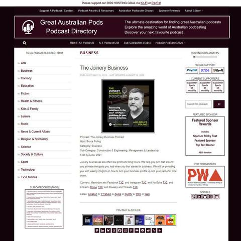 The Joinery Business Podcast   
Screenshot of the podcast listing on the Great Australian Pods website