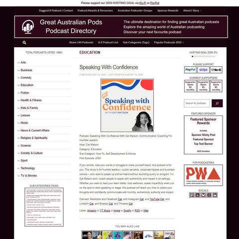 Speaking With Confidence With Cat Matson: Communication Coaching For Humble Leaders   
Screenshot of the podcast listing on the Great Australian Pods website