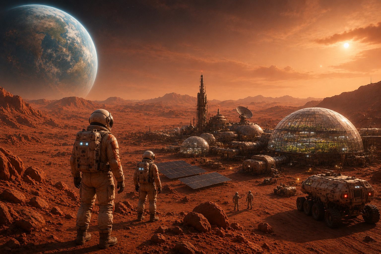 Two astronauts stand on the rocky red surface of Mars overlooking a large human settlement of domed habitats, greenhouses, solar panels, vehicles and communications towers. Other astronauts walk below them, while a large blue Earth hangs in the distant sky.