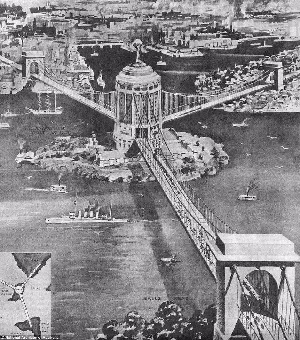 A gigantic bridge connecting Sydney CBD, North Sydney, and Balmain, via a huge tower on Goat Island