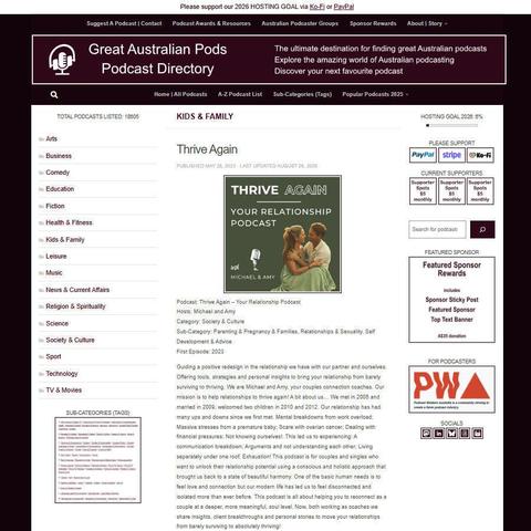 Thrive Again - Your Relationship Podcast    
Screenshot of the podcast listing on the Great Australian Pods website