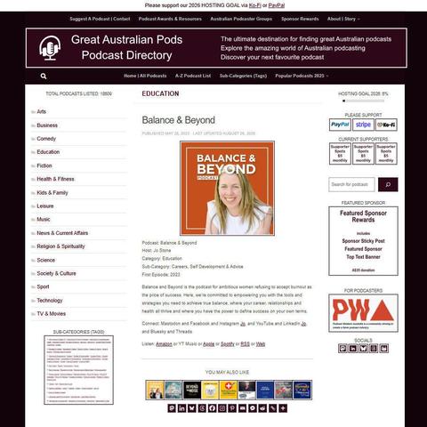 Balance & Beyond   
Screenshot of the podcast listing on the Great Australian Pods website