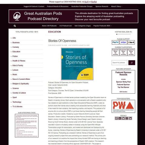 Stories Of Openness: An Open Education Podcast   
Screenshot of the podcast listing on the Great Australian Pods website