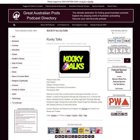 Kooky Talks   
Screenshot of the podcast listing on the Great Australian Pods website