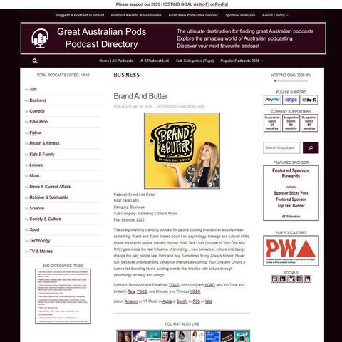 Brand And Butter   
Screenshot of the podcast listing on the Great Australian Pods website