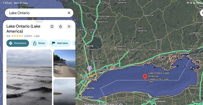 A map of Lake Ontario from Google maps that shows it as also having another name (Lake America)