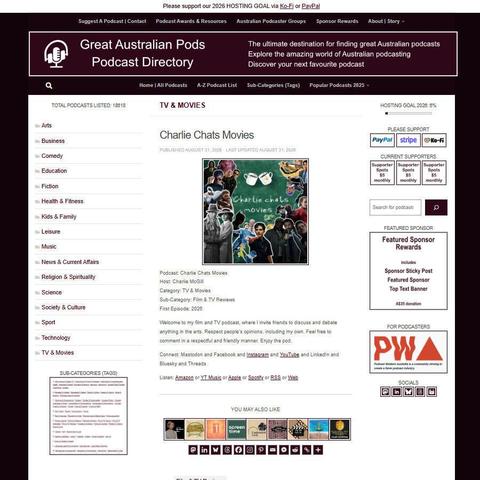 Charlie Chats Movies   
Screenshot of the podcast listing on the Great Australian Pods website