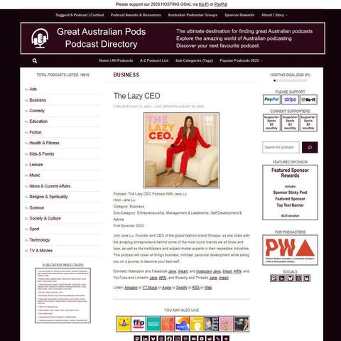 The Lazy CEO Podcast With Jane Lu   
Screenshot of the podcast listing on the Great Australian Pods website