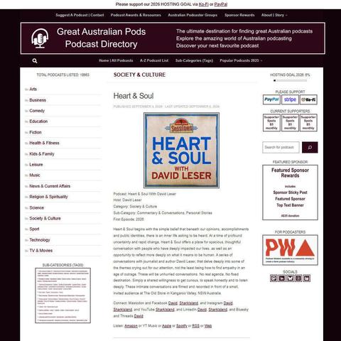 Heart & Soul With David Leser   
Screenshot of the podcast listing on the Great Australian Pods website