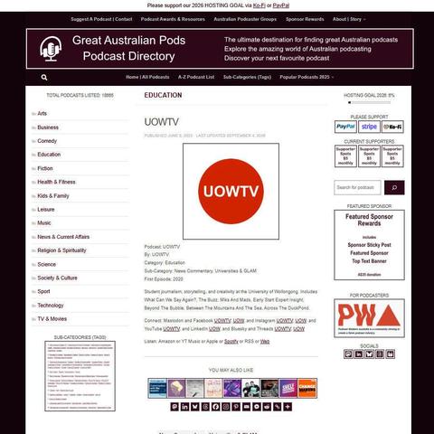 UOWTV   
Screenshot of the podcast listing on the Great Australian Pods website