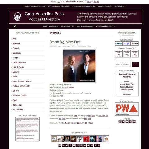 Dream Big, Move Fast   
Screenshot of the podcast listing on the Great Australian Pods website