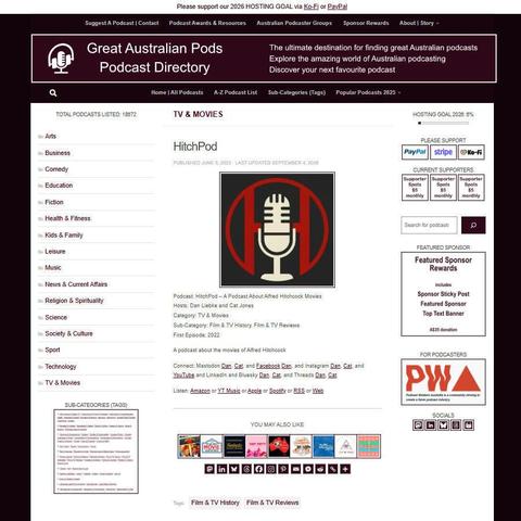 HitchPod - A Podcast About Alfred Hitchcock Movies   
Screenshot of the podcast listing on the Great Australian Pods website