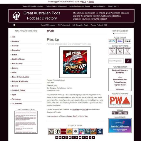 Phins Up Podcast   
Screenshot of the podcast listing on the Great Australian Pods website