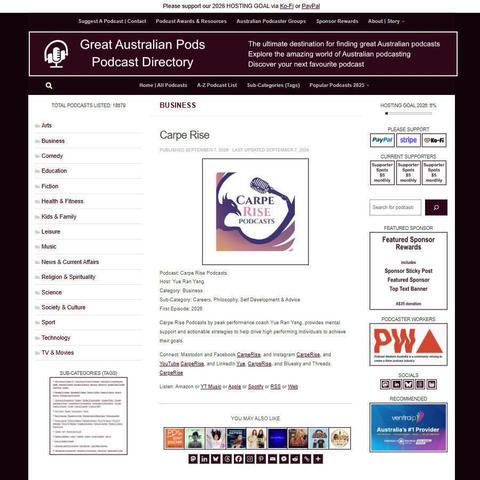 Carpe Rise Podcasts   
Screenshot of the podcast listing on the Great Australian Pods website