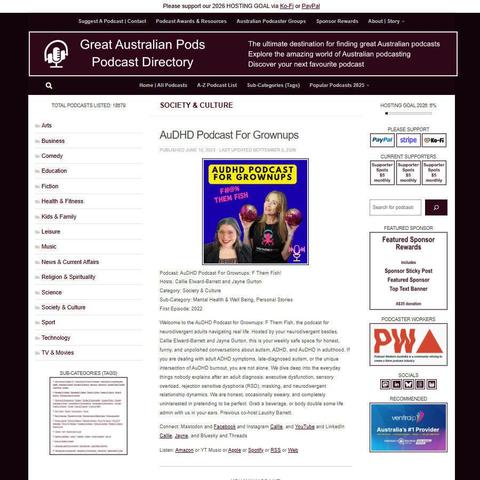 AuDHD Podcast For Grownups: F Them Fish!
Screenshot of the podcast listing on the Great Australian Pods website