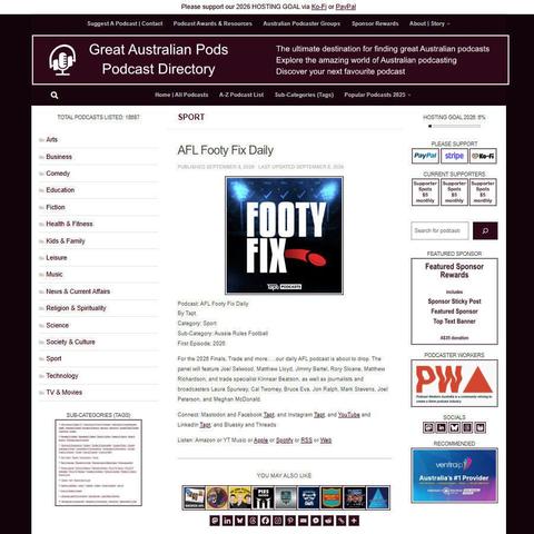 AFL Footy Fix Daily
Screenshot of the podcast listing on the Great Australian Pods website