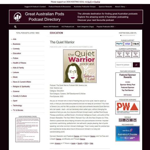 The Quiet Warrior Podcast With Serena Low   
Screenshot of the podcast listing on the Great Australian Pods website