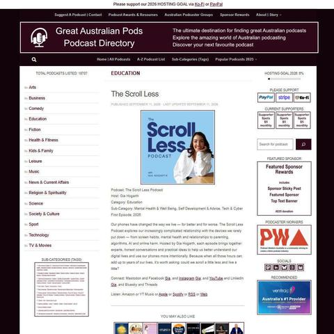 The Scroll Less Podcast   
Screenshot of the podcast listing on the Great Australian Pods website