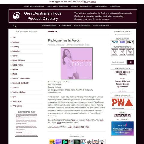Photographers In Focus   
Screenshot of the podcast listing on the Great Australian Pods website