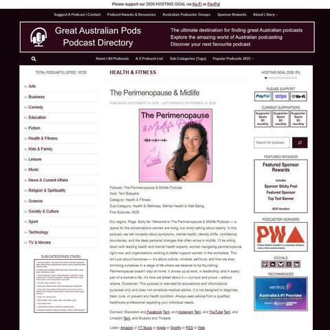 The Perimenopause & Midlife Podcast   
Screenshot of the podcast listing on the Great Australian Pods website