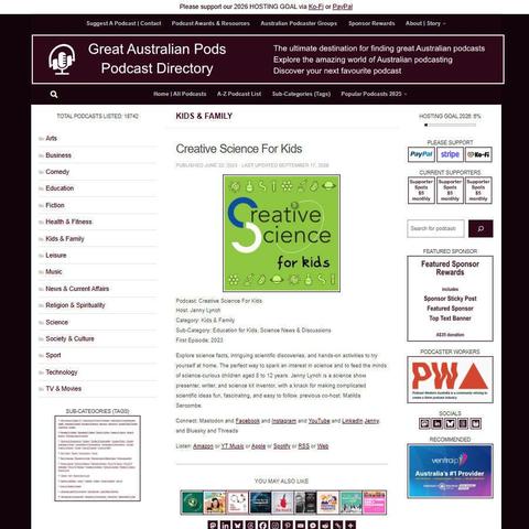 Creative Science For Kids   
Screenshot of the podcast listing on the Great Australian Pods website