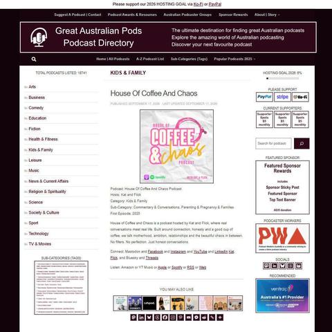 House Of Coffee And Chaos Podcast   
Screenshot of the podcast listing on the Great Australian Pods website