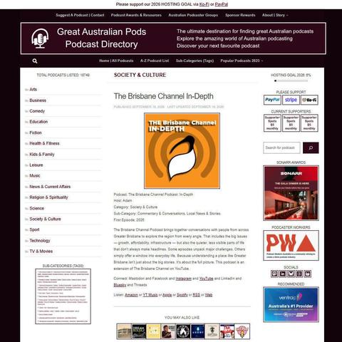 The Brisbane Channel Podcast: In-Depth
Screenshot of the podcast listing on the Great Australian Pods website