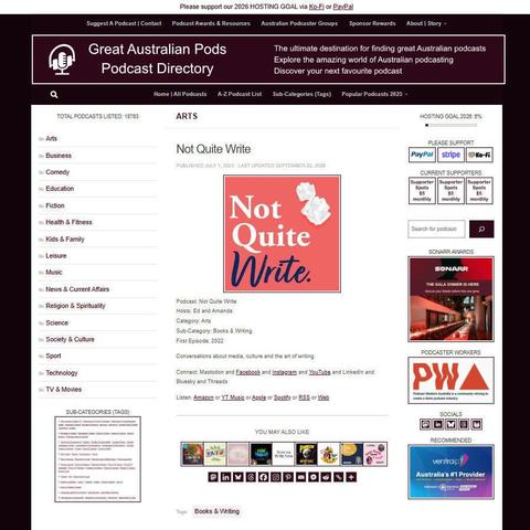 Not Quite Write   
Screenshot of the podcast listing on the Great Australian Pods website