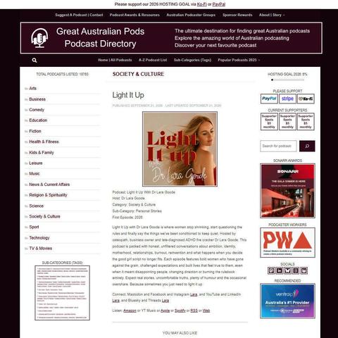 Light It Up With Dr Lara Goode   
Screenshot of the podcast listing on the Great Australian Pods website