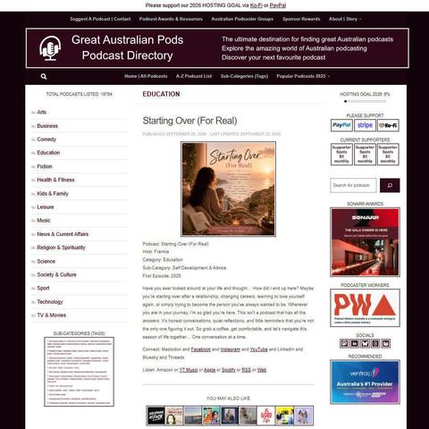 Starting Over (For Real)   
Screenshot of the podcast listing on the Great Australian Pods website
