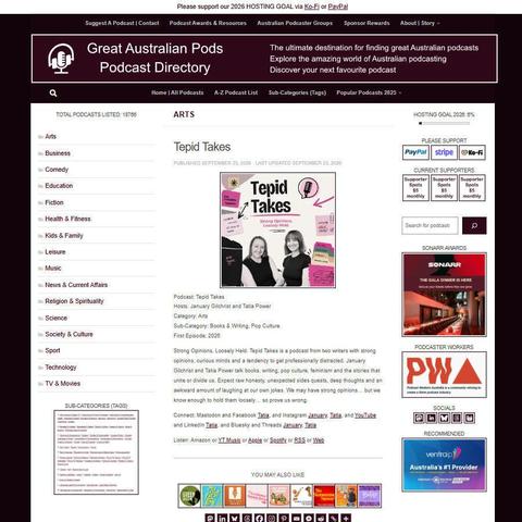 Tepid Takes   
Screenshot of the podcast listing on the Great Australian Pods website